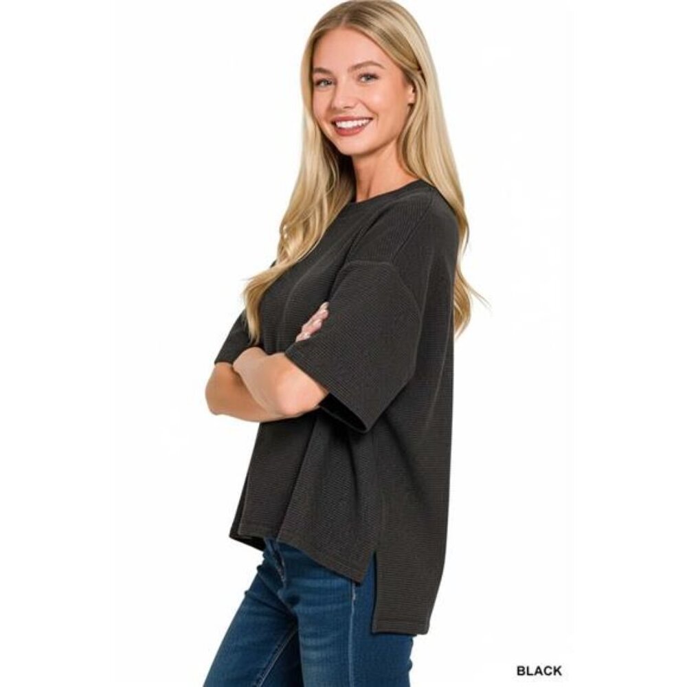 Zenana Full Size Double Knit Side Slits Hi Low‎ Short Sleeve Top Plus Size